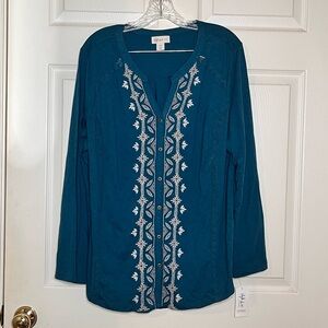 Style & Co Womens embroidered button up tunic plus  size 2X teal boho floral NWT